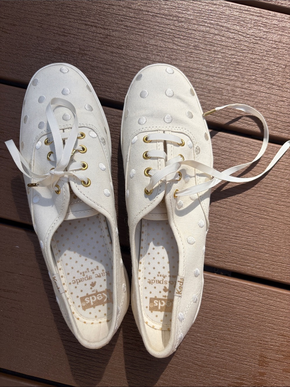 kate spade White Polka Dot Canvas Sneakers with Gold Eyelets